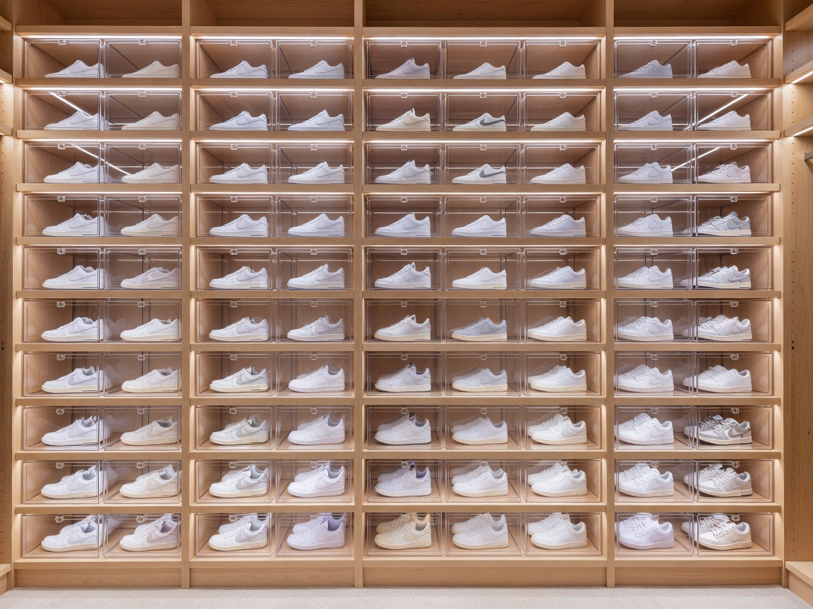 A perfectly organized closet with clear drop-front sneaker boxes