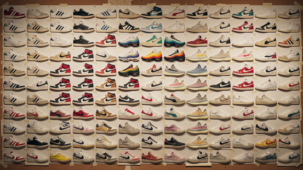 A timeline collage of vintage sneakers