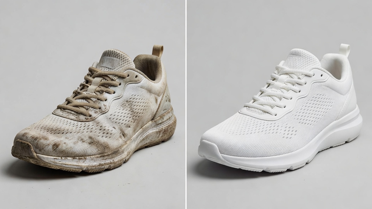 Before and after split image of a dirty and cleaned sneaker
