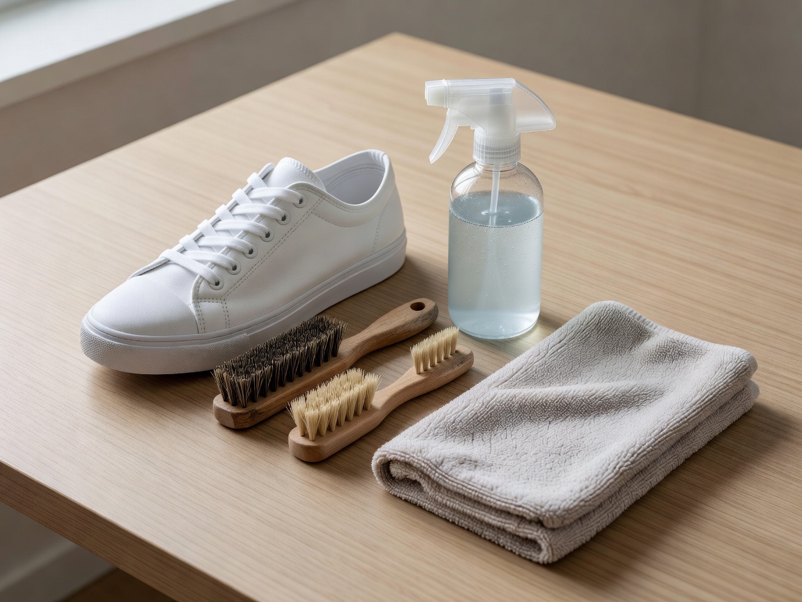 Cleaning brushes, solution, and a microfiber towel next to a sneaker