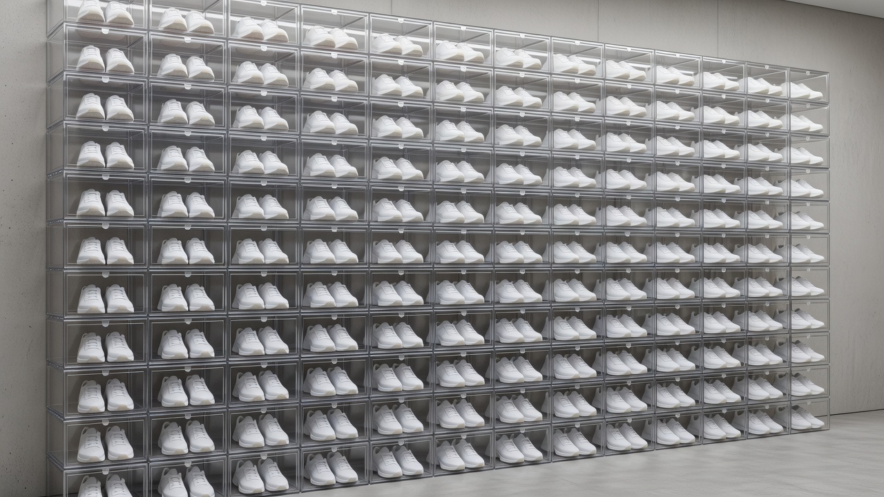 Clear drop-front sneaker boxes stacked neatly against a wall