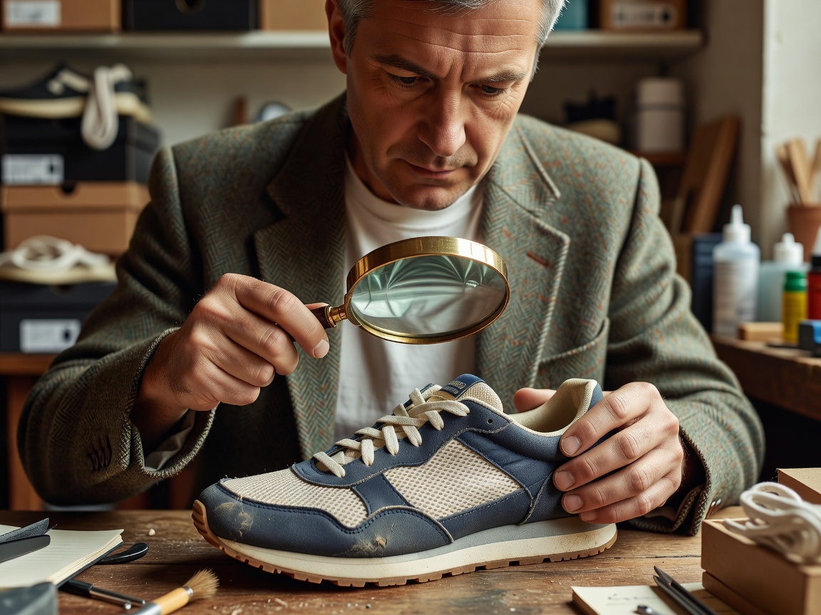 Person inspecting a sneaker closely with a magnifying glass