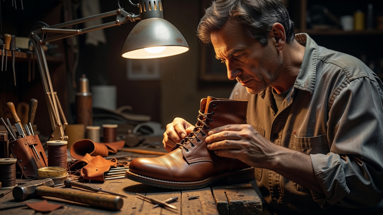 Person inspecting shoe stitching closely under a bright lamp