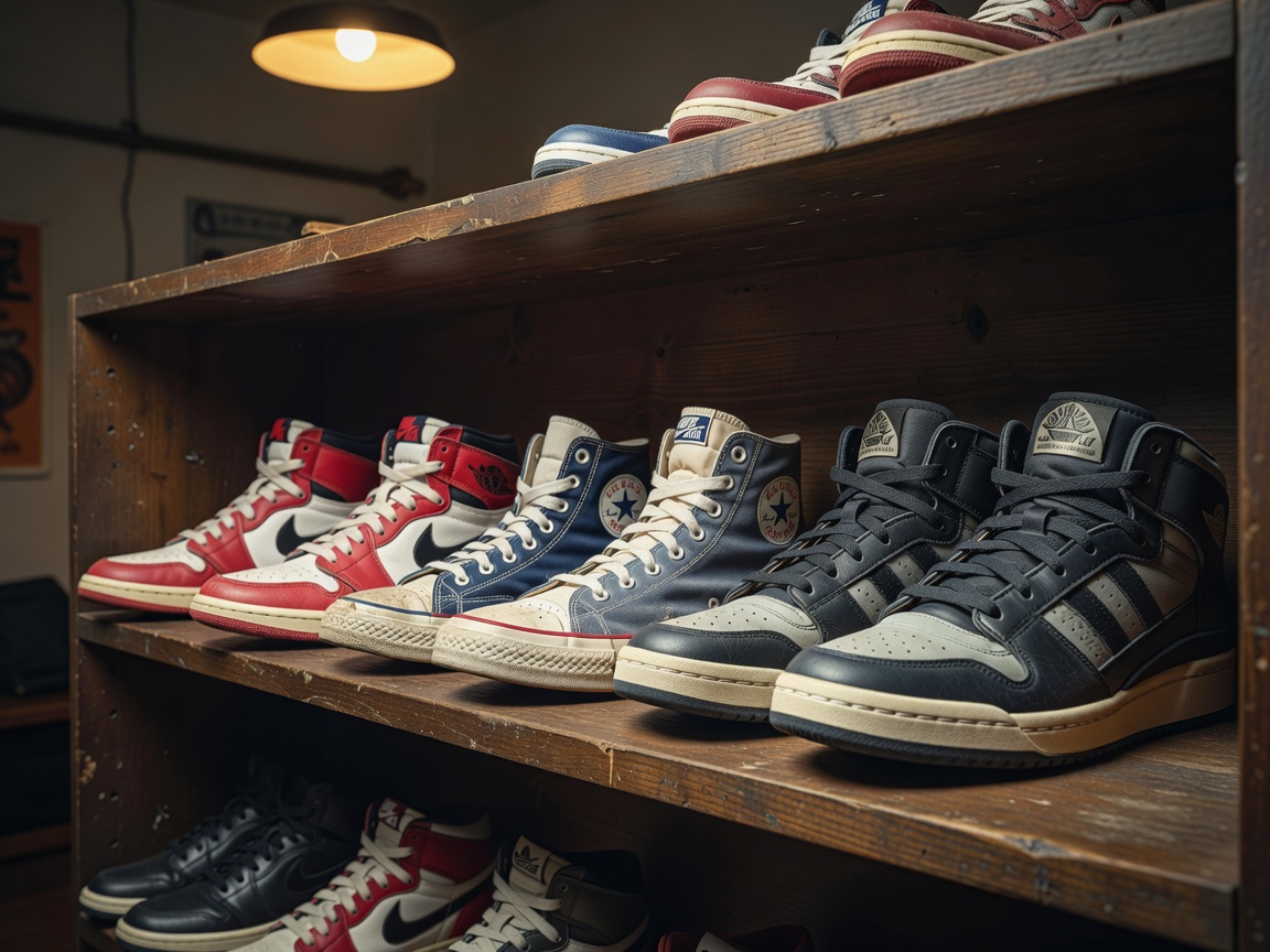 Vintage basketball shoes displayed on a wooden shelf